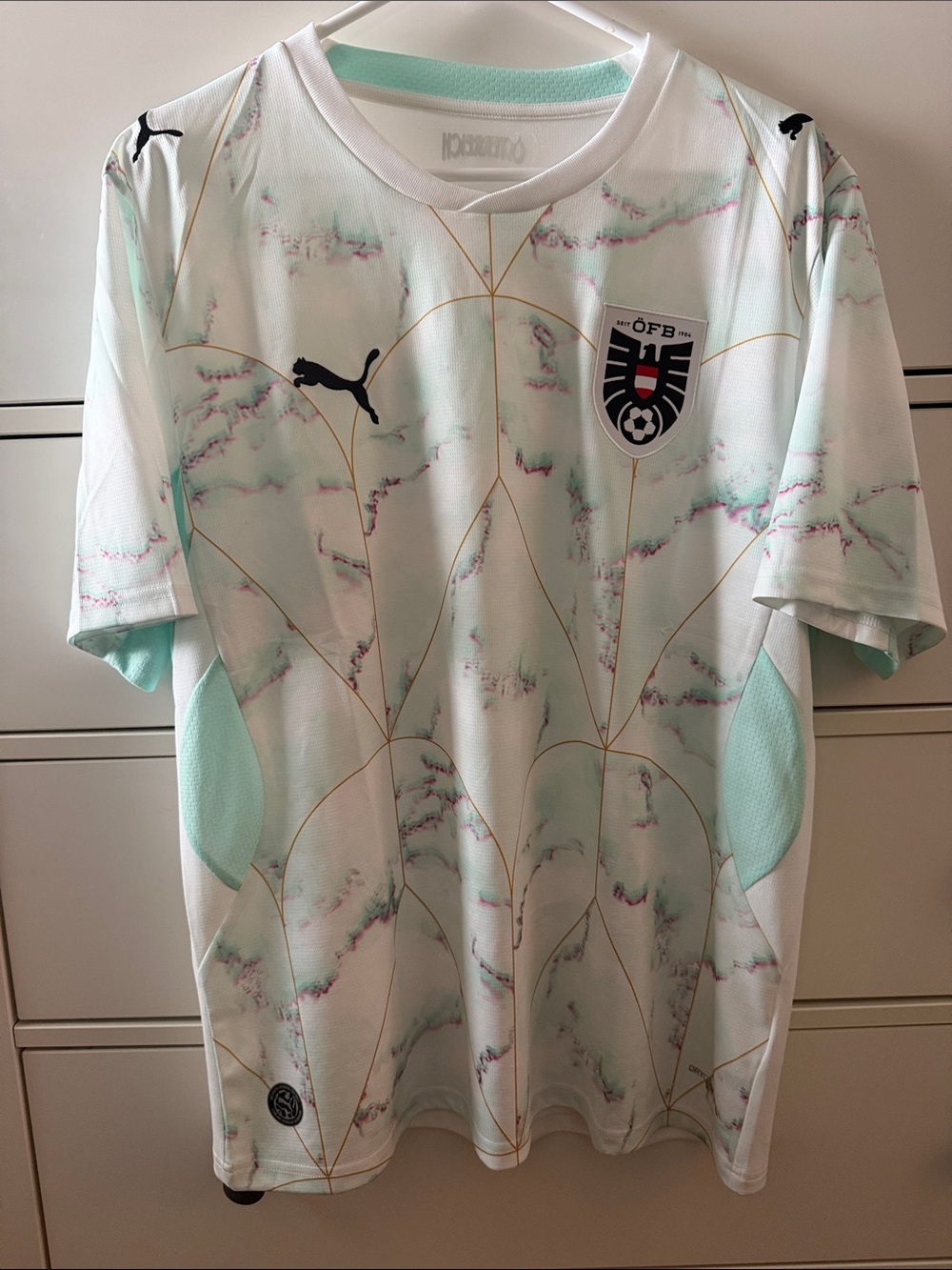 Austria Men’s Soccer/Football Jersey Away- White & Mint Melt Design